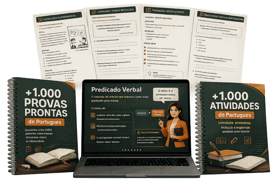 Cadernos de provas e atividades de Português ao lado de um notebook exibindo um slide sobre predicado verbal