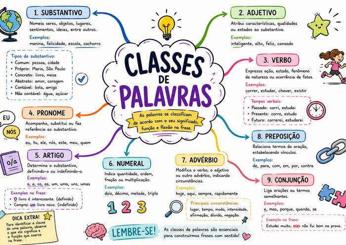Mapa mental de Português: Classes de Palavras