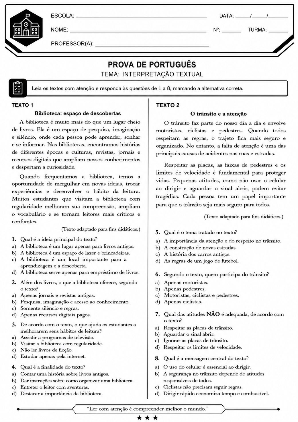 Prova de Português: interpretação textual sobre biblioteca e trânsito