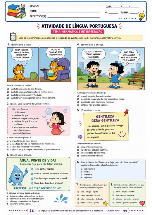 Atividade de Língua Portuguesa: gramática e interpretação — tirinha da Mafalda e água, fonte de vida