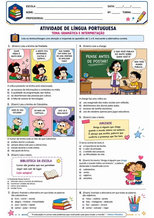 Atividade de Língua Portuguesa: gramática e interpretação — tirinha do Cebolinha e pense antes de postar