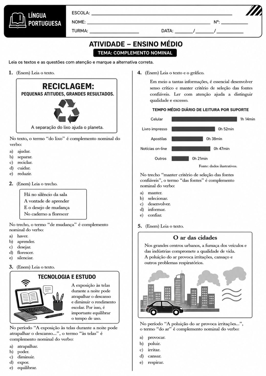 Atividade de complemento nominal com reciclagem e poluição do ar