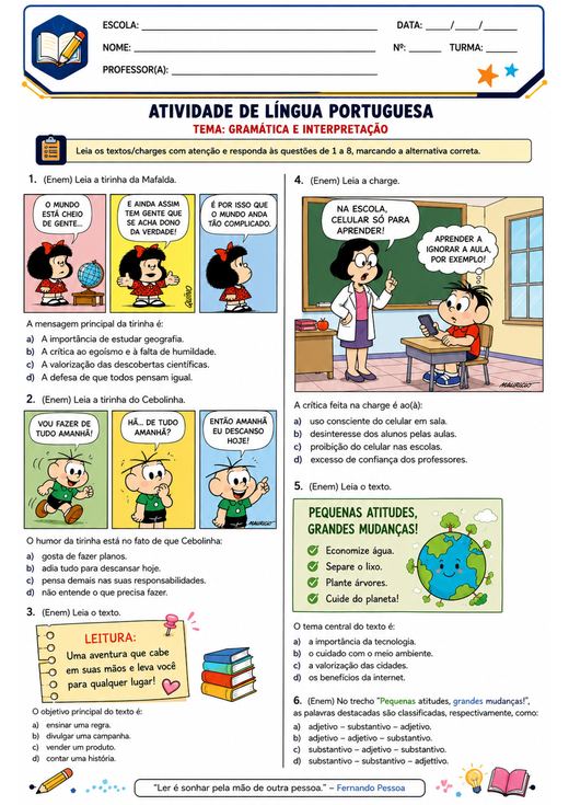 Atividade de Língua Portuguesa: gramática e interpretação — pequenas atitudes, grandes mudanças