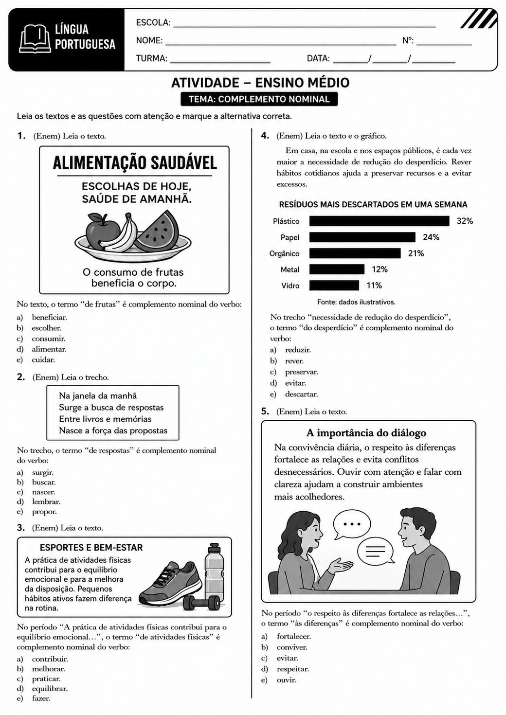 Atividade de complemento nominal com alimentação saudável e esportes