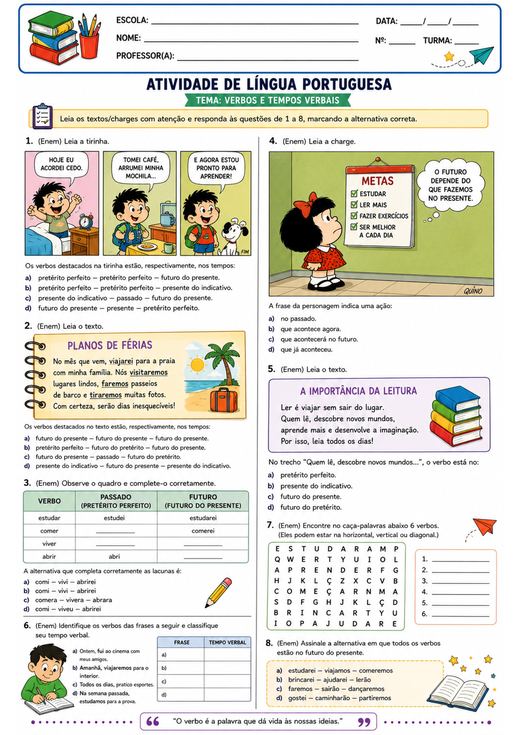 Atividade de Língua Portuguesa: verbos e tempos verbais — planos de férias