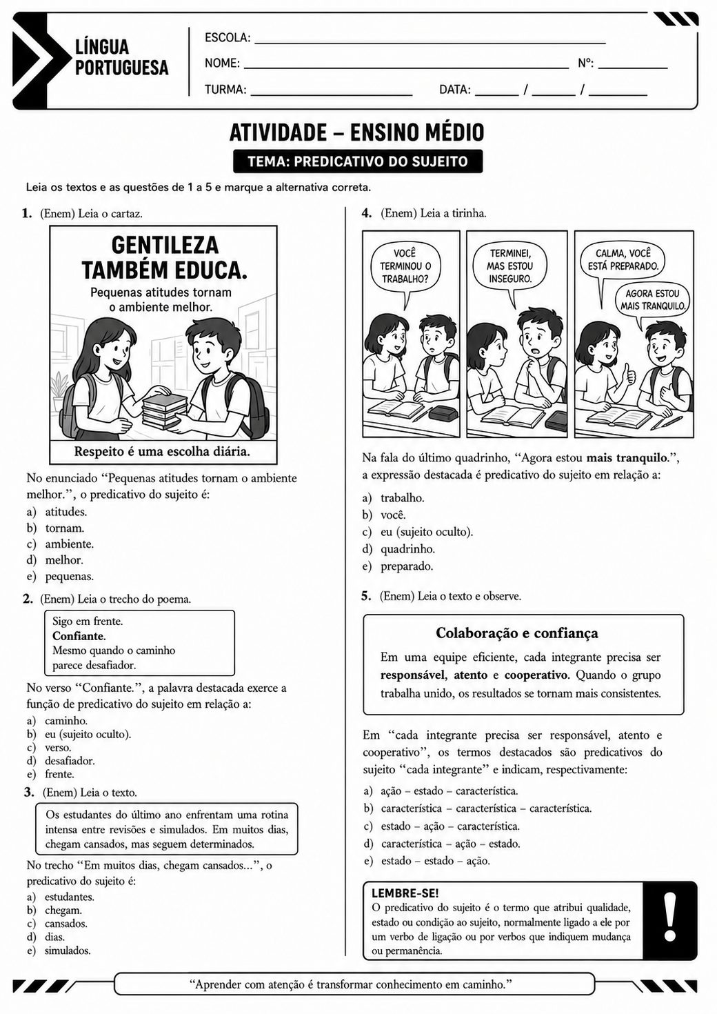 Atividade de predicativo do sujeito com gentileza e colaboração