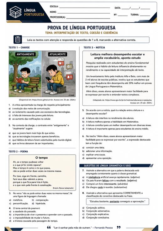 Prova de Língua Portuguesa: interpretação de texto, coesão e coerência