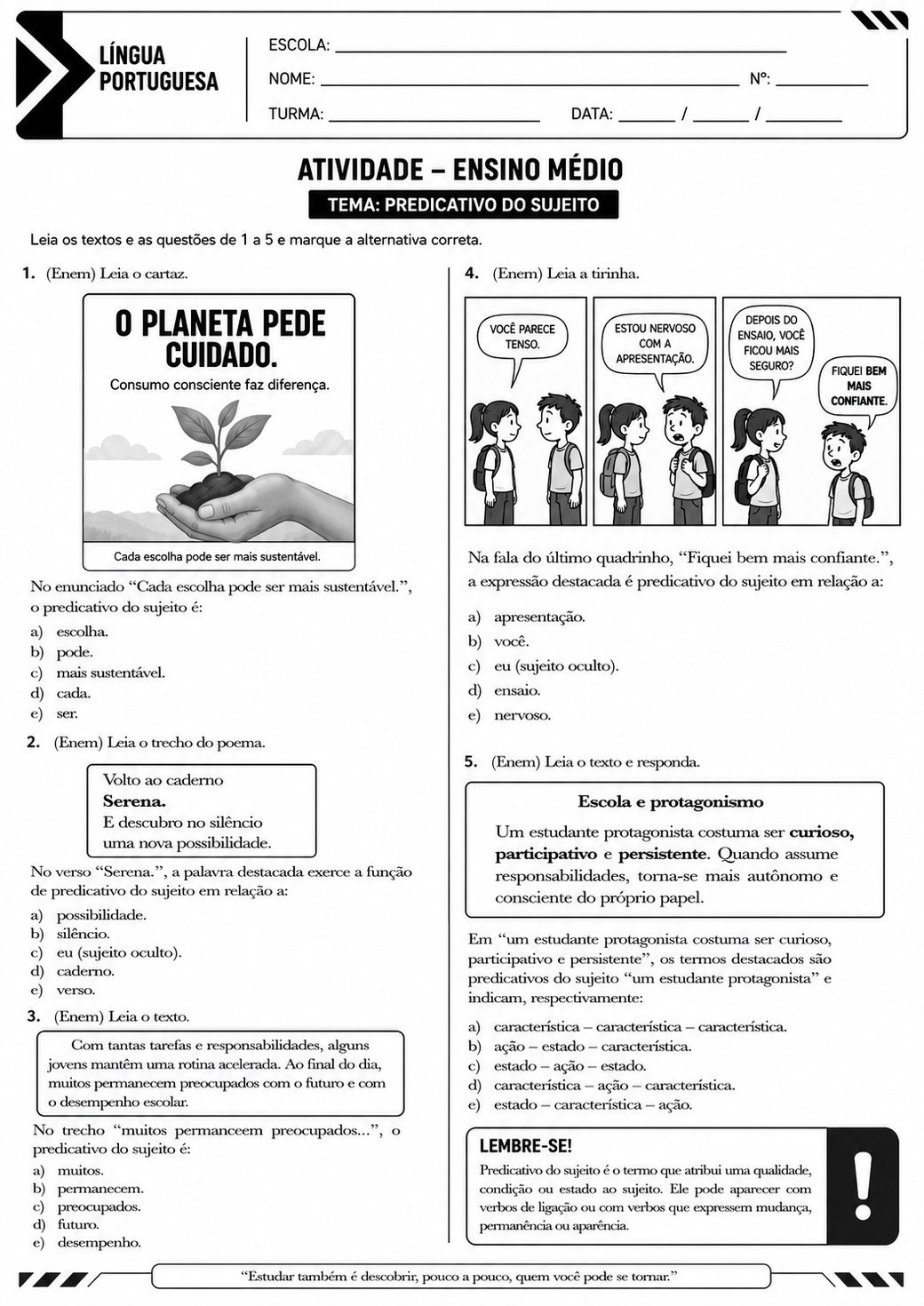 Atividade de predicativo do sujeito com consumo consciente e protagonismo