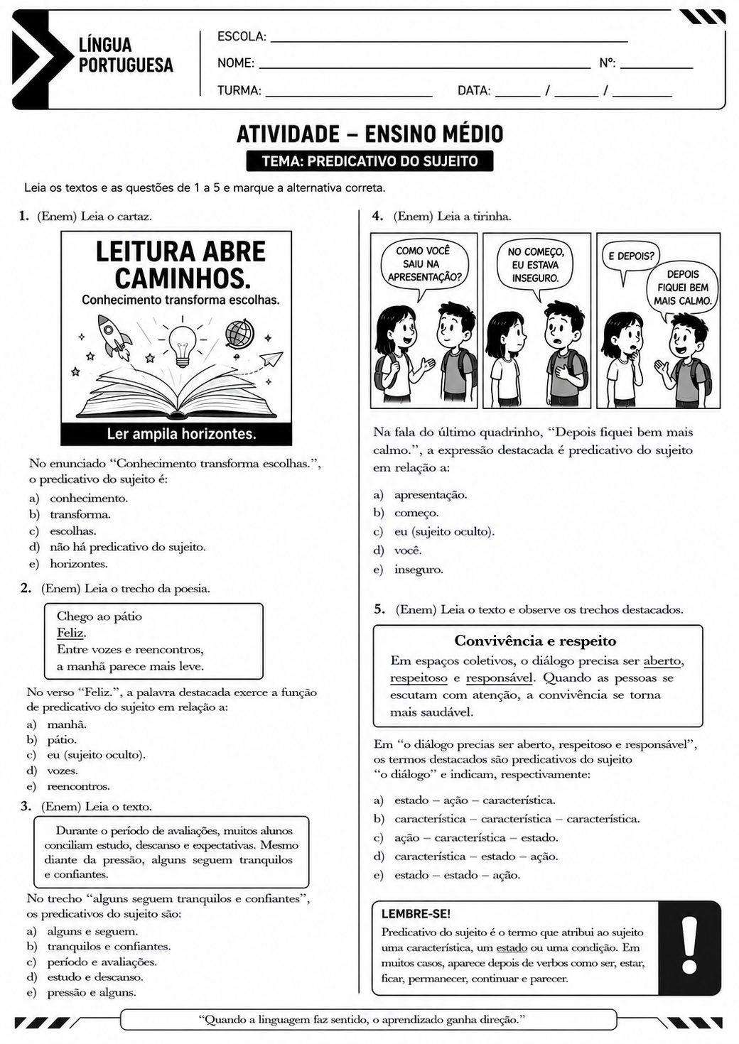 Atividade de predicativo do sujeito com leitura e convivência