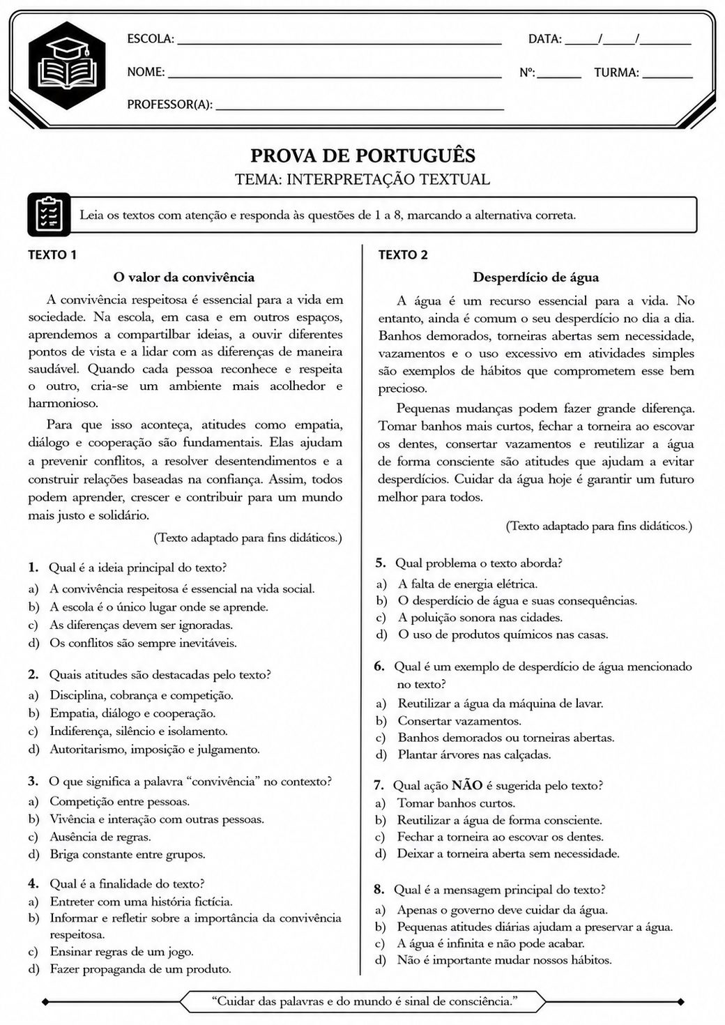 Prova de Português: interpretação textual sobre convivência e desperdício de água